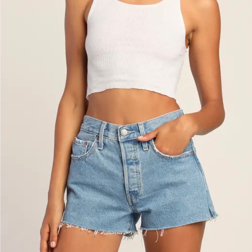 501 Light Stone Wash High Rise Distressed Denim Shorts